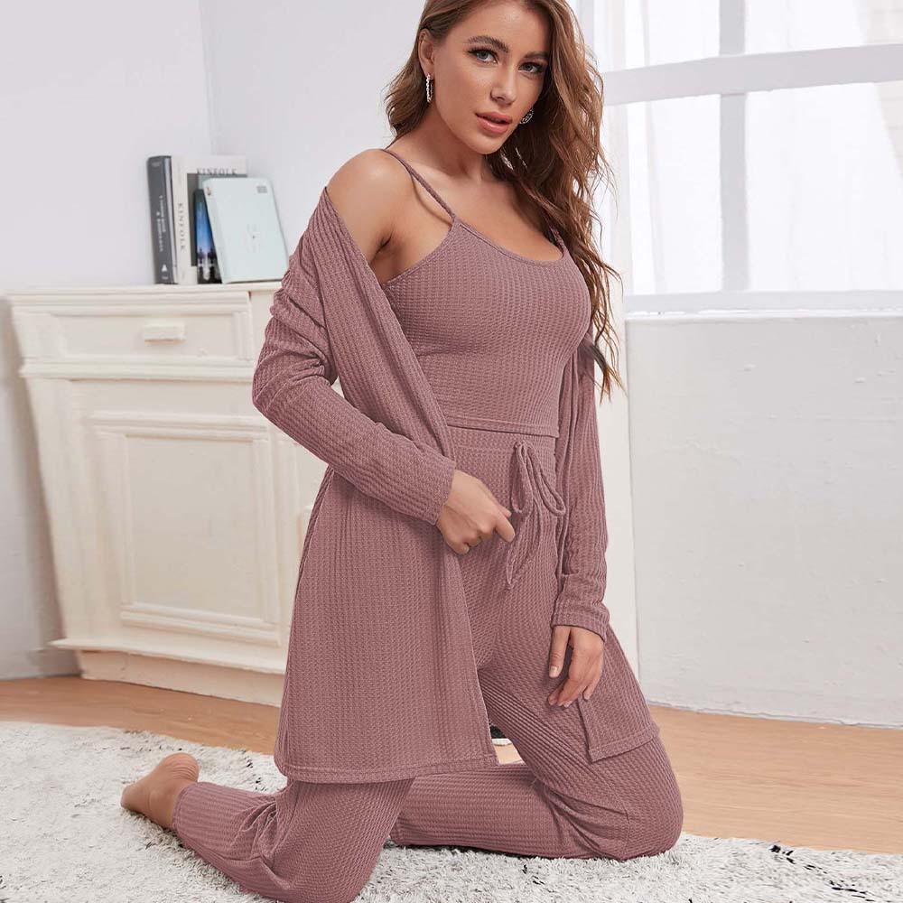 2026 Amazon cross-border European and American sexy home fashion suit autumn and winter solid color loose and comfortable three-piece set for women S темно-розовый