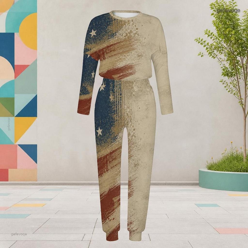 Women Plus Size Round Neck Long Sleeve Printed Two Piece Set Cuffed Top Cuffed Pants With Pockets