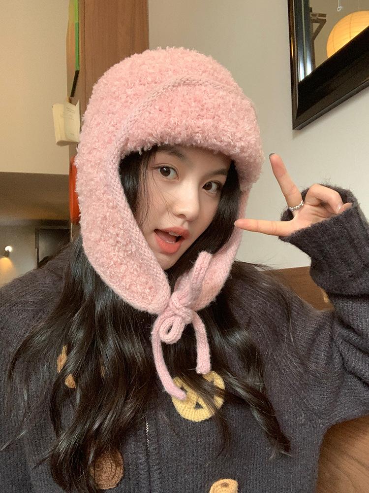 Strawberry soft waxy Dafu, pink knitted flight hat women s winter thickened warm wool Lei Feng hat tide S（54-58cm）