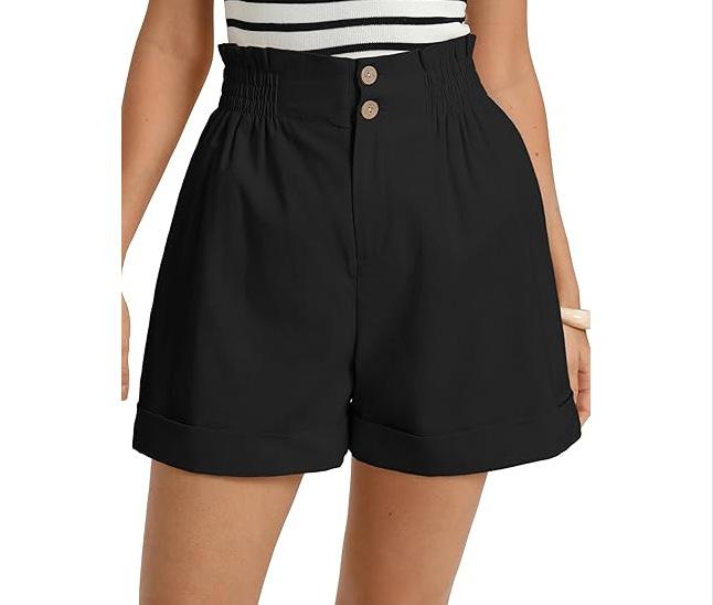 Women Solid Color Elastic Waist Zipper Pockets Casual Shorts S чёрный