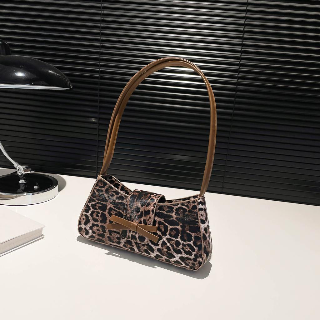 Leopard-print retro-chic handbag lady's casual high-end bow cross-commuter shoulder bag