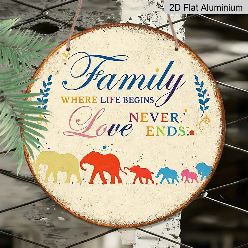 2D Flat, 1pc Round Aluminum Hanging Sign - Family Where Life Begins Love Never Ends Colorful Elephant with Floral Accents Family Metal Wall Art 7.87x7.87in