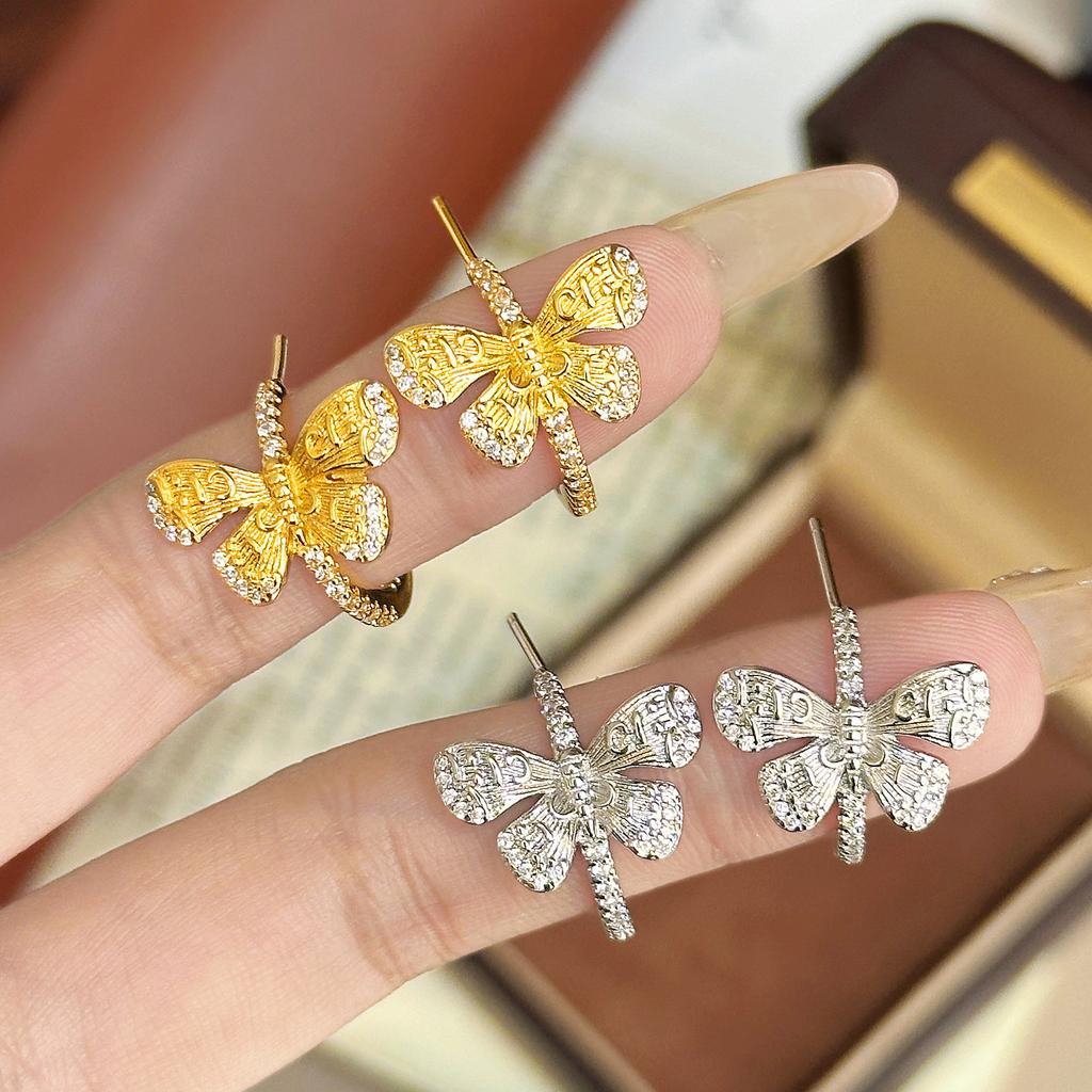 New brushed circle butterfly C-type flash zirconium design earrings versatile premium stud earrings