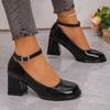 New Ankle Strap Chunky Heel Mary Janes Pumps Women Fashion  Patent Leather Dress Shoes Woman Elegant Round Toe High Heels Pumps