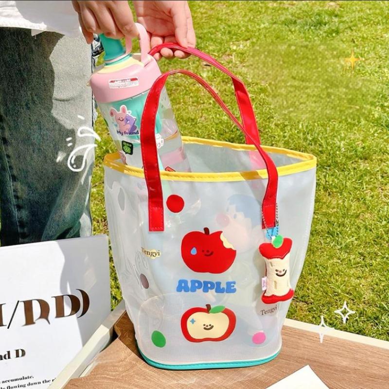 Jelly Beach Bag Waterproof Kawaii Print Pvc Storage Bag Transparent Travel Handbag Shoulder Bag Shopping Bag With Cute Pendant