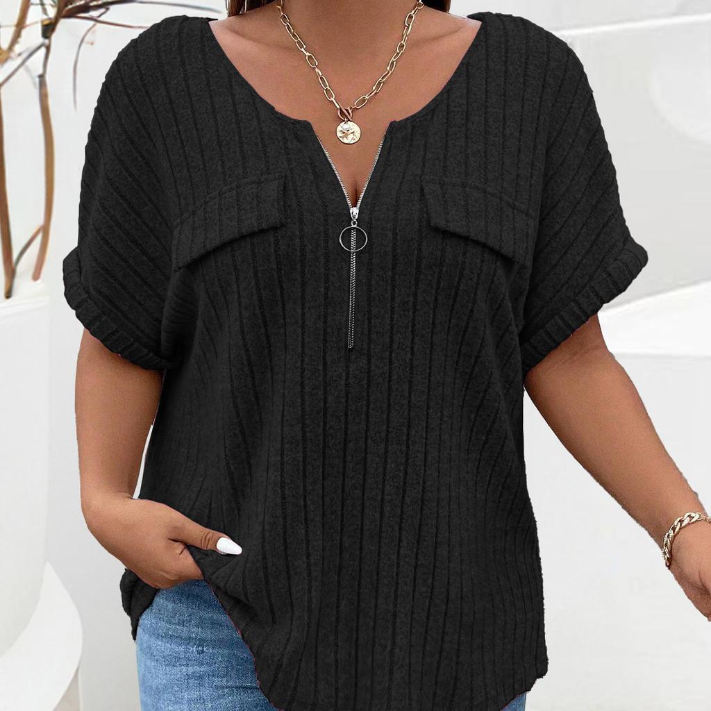 Frühling und Sommer Einfarbig Große Größe frauen Tops Zipper Kurzarm Gefälschte Tasche Pullover Lose T-Shirt