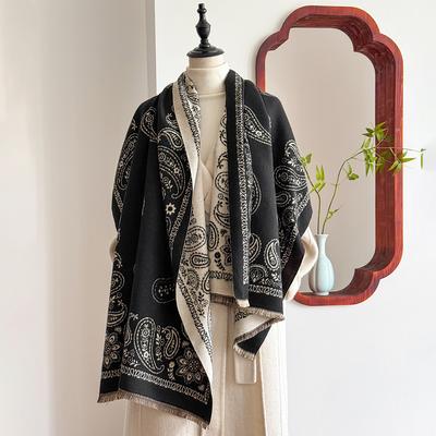 Luxury Brand Cashmere Scarf for Women - Winter Geometric Printed Tasseled Shawl, Pashmina Wrap & Bandana Poncho
