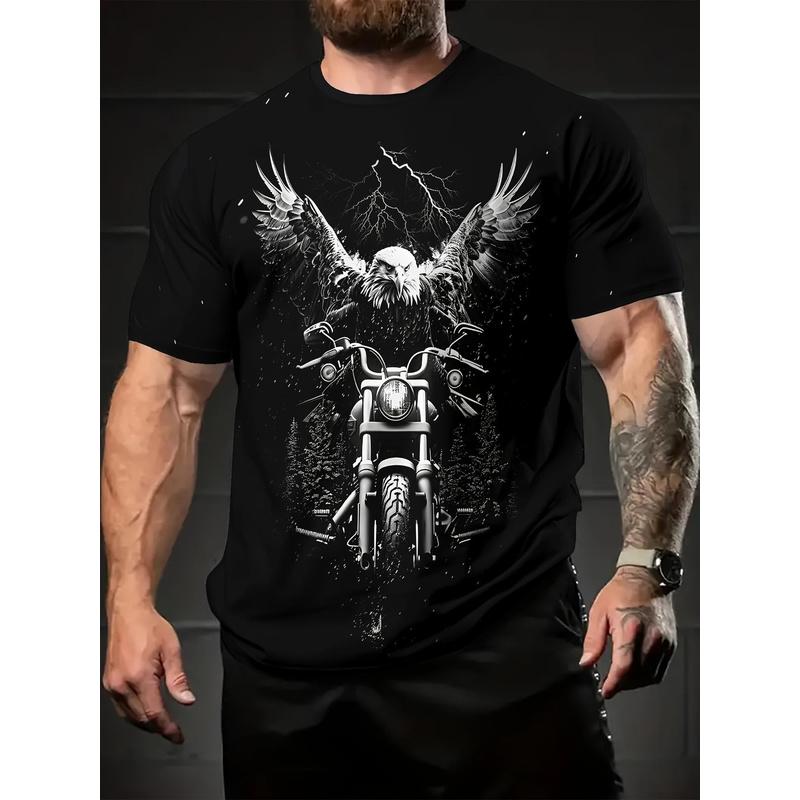 Men's Heavyweight 100% Cotton Motorcycle Graphic T-Shirt - Black Biker Rebel Tee with Eagle Riding Motorcycle, Skull & Wings Design, Gothic Lettering