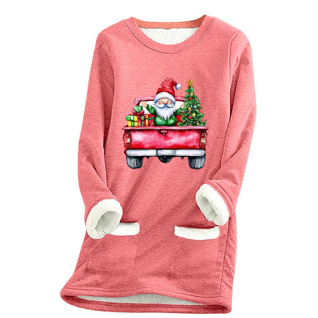 Ladies' Loose And Comfortable Round Neck Christmas Print Thick With Pockets Long Sleeved Top