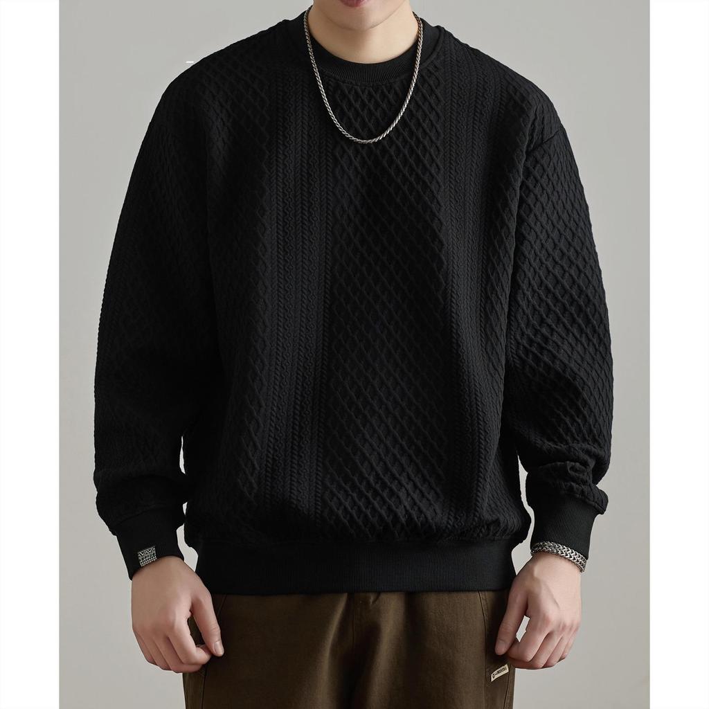 Retro Trendy Textured Jacquard Round Neck Sweatshirt for Men - Loose Fit, Plus Size Friendly, Casual Long Sleeve Top