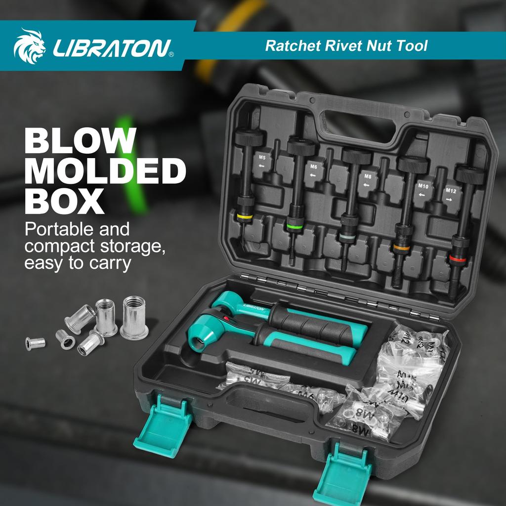 LIBRATON Ratchet Nut Includes 50 and M12 Rivet with Storage Case Set, M5, M6, M8, M10, Nuts,