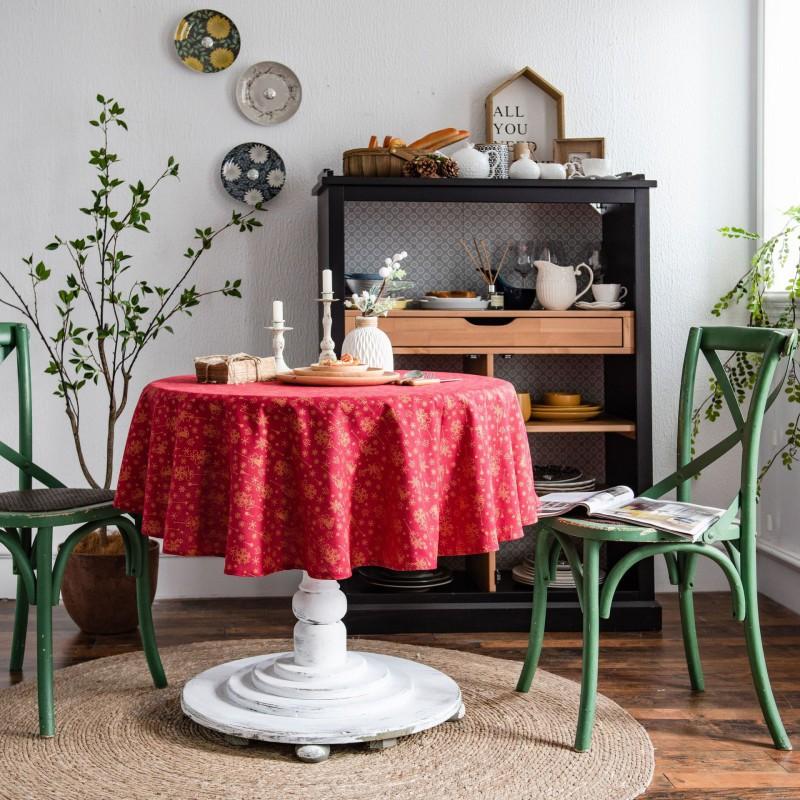 Christmas Red Gold Foil Tablecloth Wind Chime Print Cotton Linen Blend Rectangular Table Cover