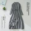 Women's Artistic Plaid Polo Collar Dress - Spring/Autumn 2024, Cotton-Linen, Loose Fit, Tie-Waist, Age-Reducing Casual Style.