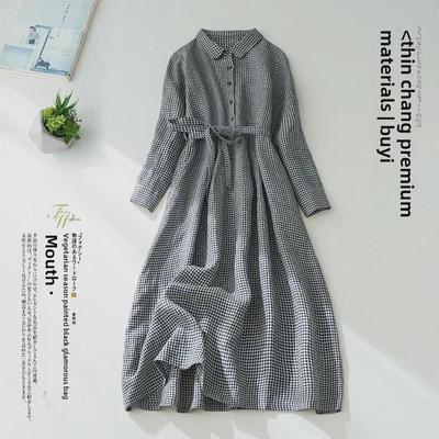 Women's Artistic Plaid Polo Collar Dress - Spring/Autumn 2024, Cotton-Linen, Loose Fit, Tie-Waist, Age-Reducing Casual Style.