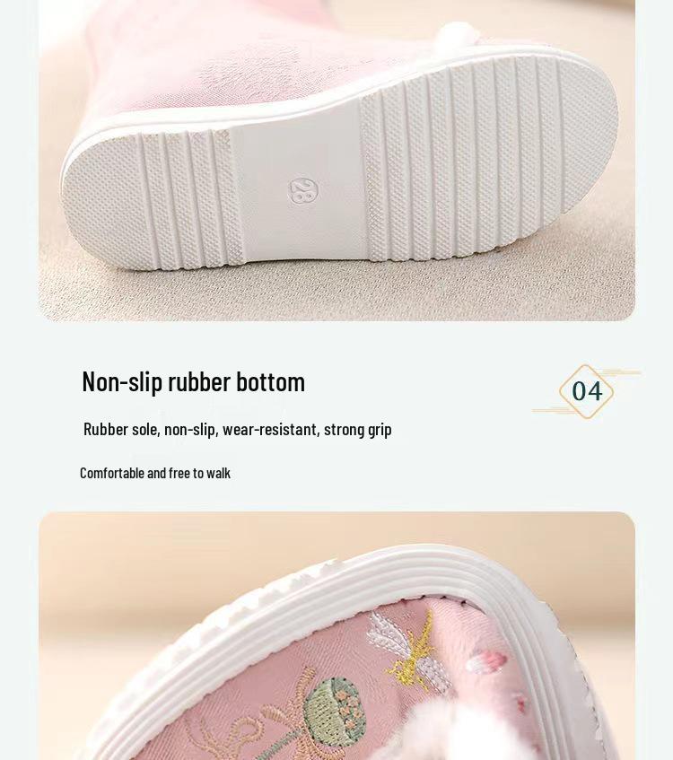 Girls' Winter Hanfu Shoes: Velvet-Lined Embroidered Cotton Boots with Non-Slip Soft Sole