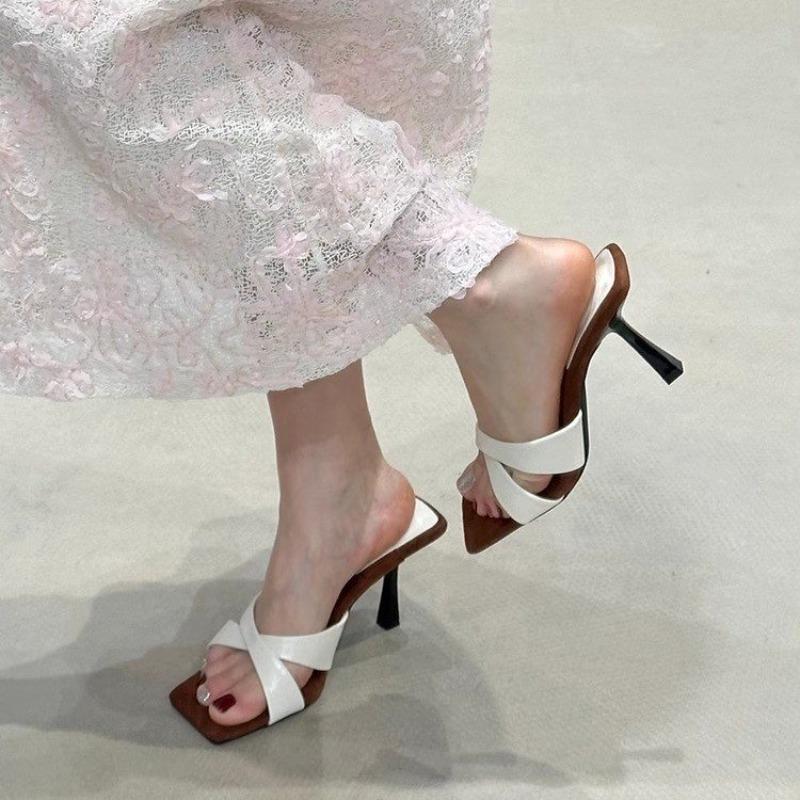 French High Heels Women's Summer New Cross Band Sandals Fashionable for Skirts Outdoor Wear Thin Heel Slip-On Shoes