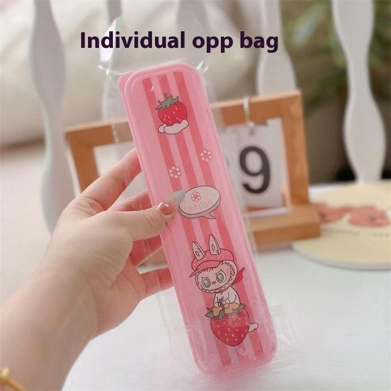 Labubu Draagbare Bestekset van Twee Stuks Cartoon Roestvrij Staal Vork Lepel Opbergdoos Student Draagbare Eetservies Set