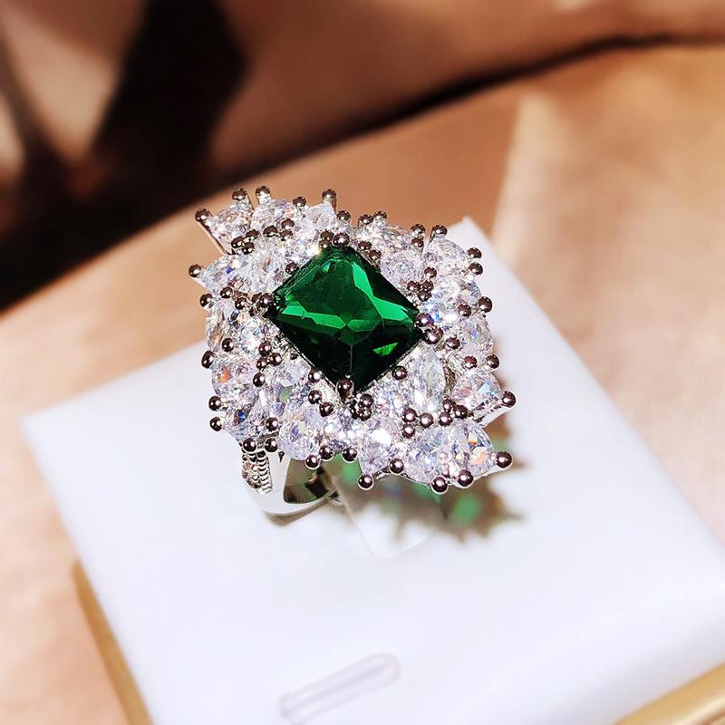 Luxury Full Diamond Princess Square Ring Emerald Simulation Open Ring Female Tourmaline Copper