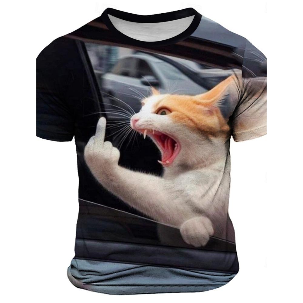 2025 Summer Men's Anger Come Over Cat 3d Printed Short Sleeved Round Neck Bar Party Casual Quick Drying