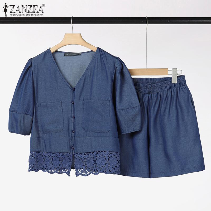 ZANZEA Women Lace Patchwork Short Sleeve Blouse and Shorts Summer Two Piece Suit Sets