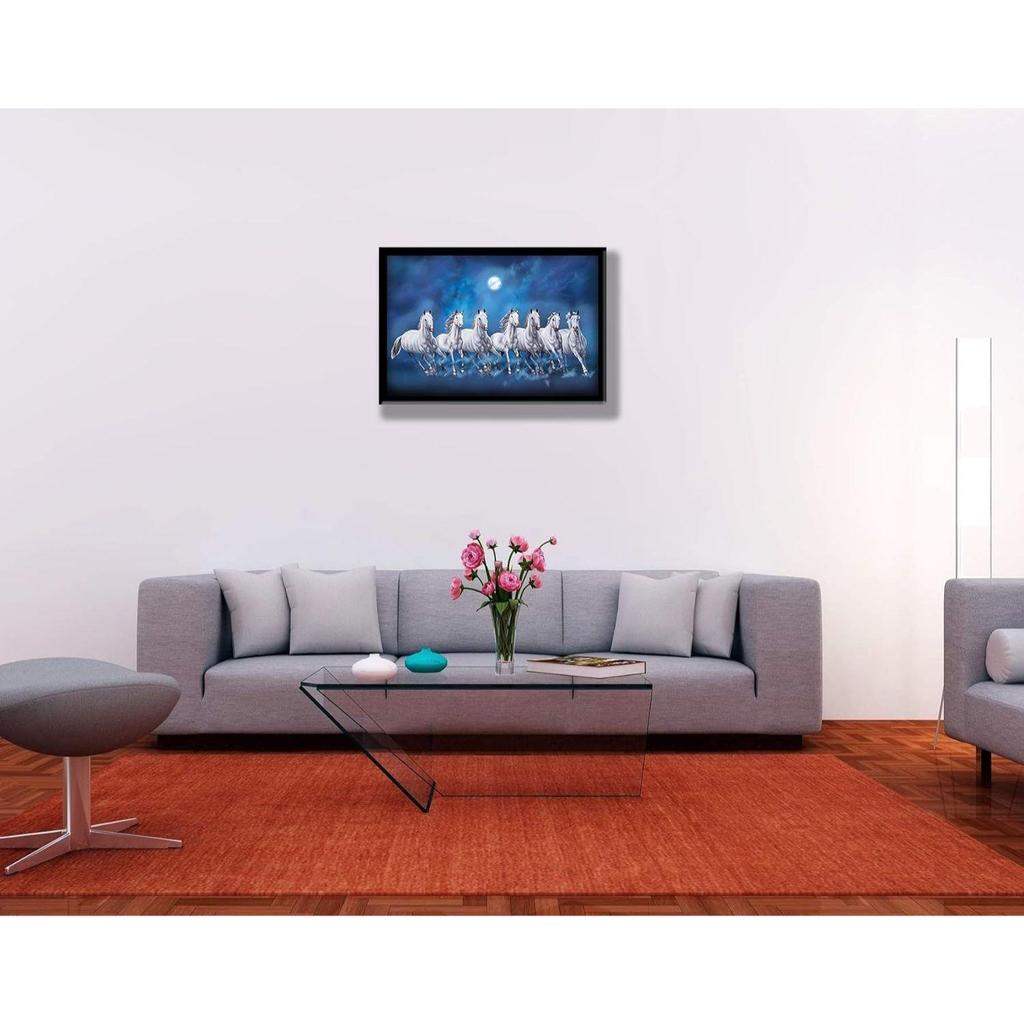 Sieben glückliche laufende Vastu-Pferde, gerahmtes Gemälde - (Ozeanblau, 12 Zoll x 18 Zoll)