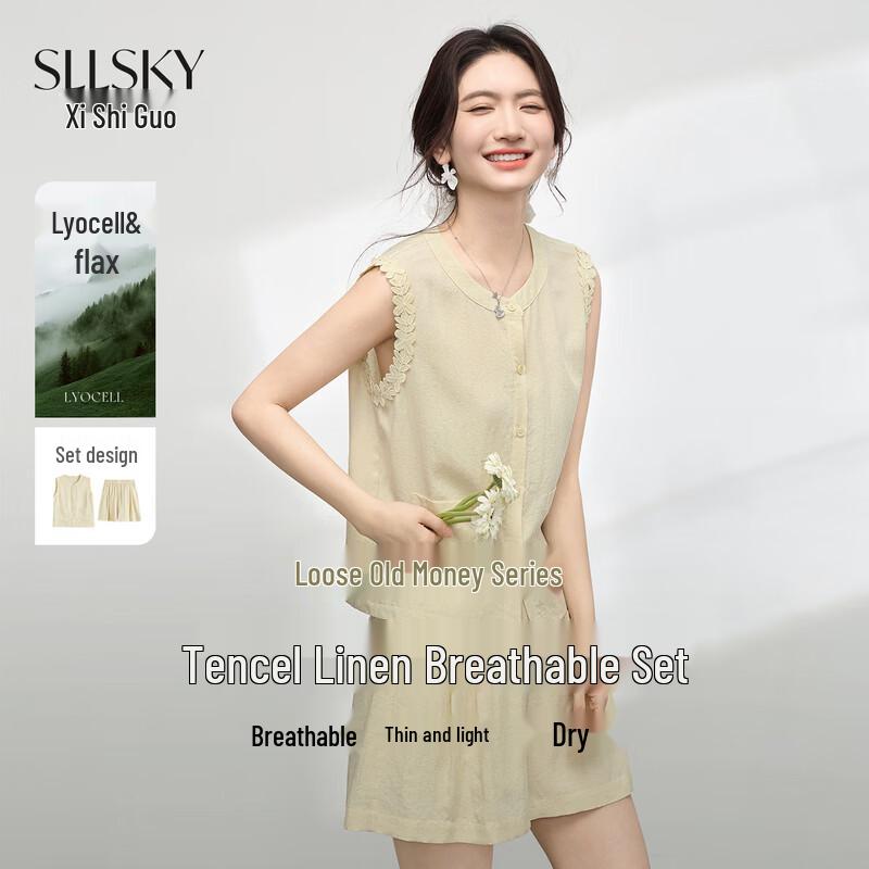 Old Money Style Linen Tencel Sleeveless Set S