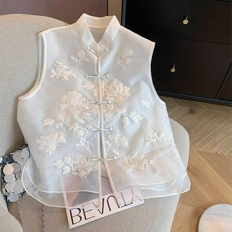 

Белый вышитый жилет с воротником-стойкой и застежкой-диском для женского весенне-летнего темперамента, женский жилет без рукавов M (under 50kg recommended)