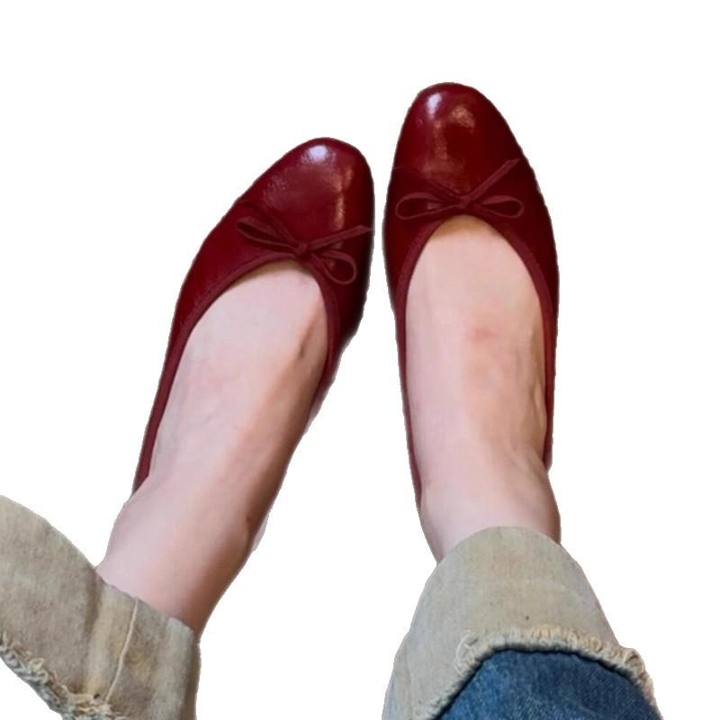 Huge Look! Super Soft Sheepskin Is Not Tired of Single Shoes, Retro Red Round Head Bow, Light Mouth Inner Height-increasing Ballet Shoes