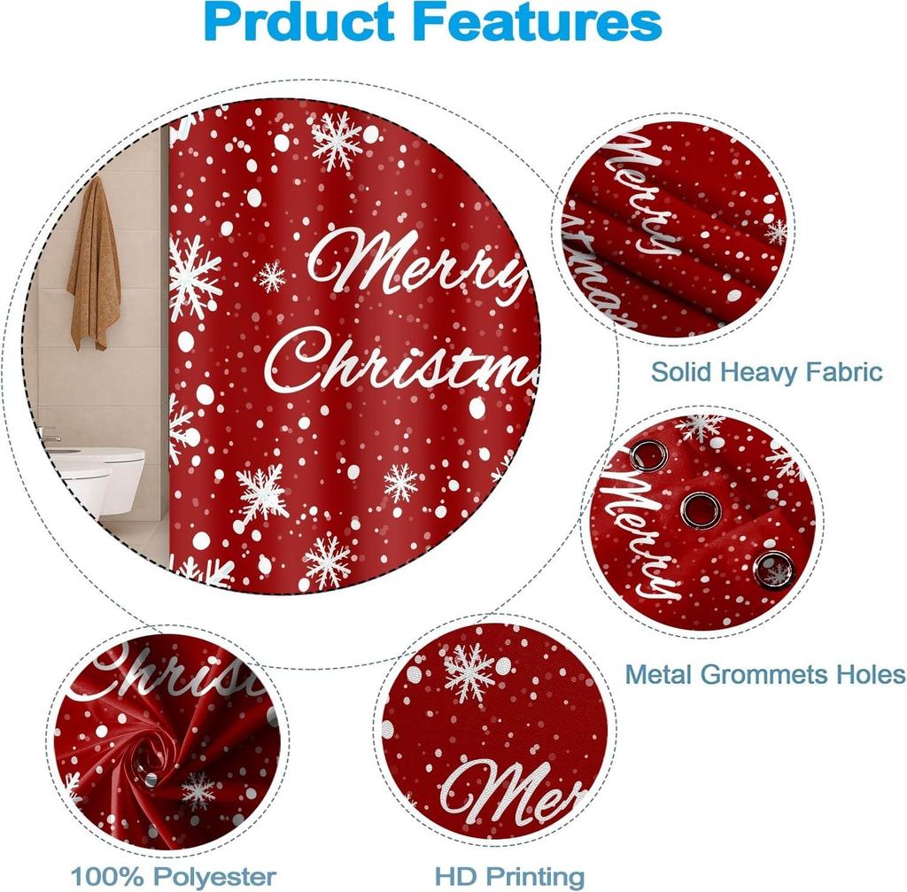 Snowflakes Shower Curtain For Bathroom Merry Christmas Decor Shower Curtain Set With Hooks Red White Snow Flowers Mas Waterproof