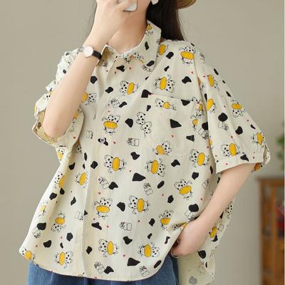 Women Plus Size Cartoon Printed Short Sleeve Shirts Summer Loose Oversized Korean Style Tops
