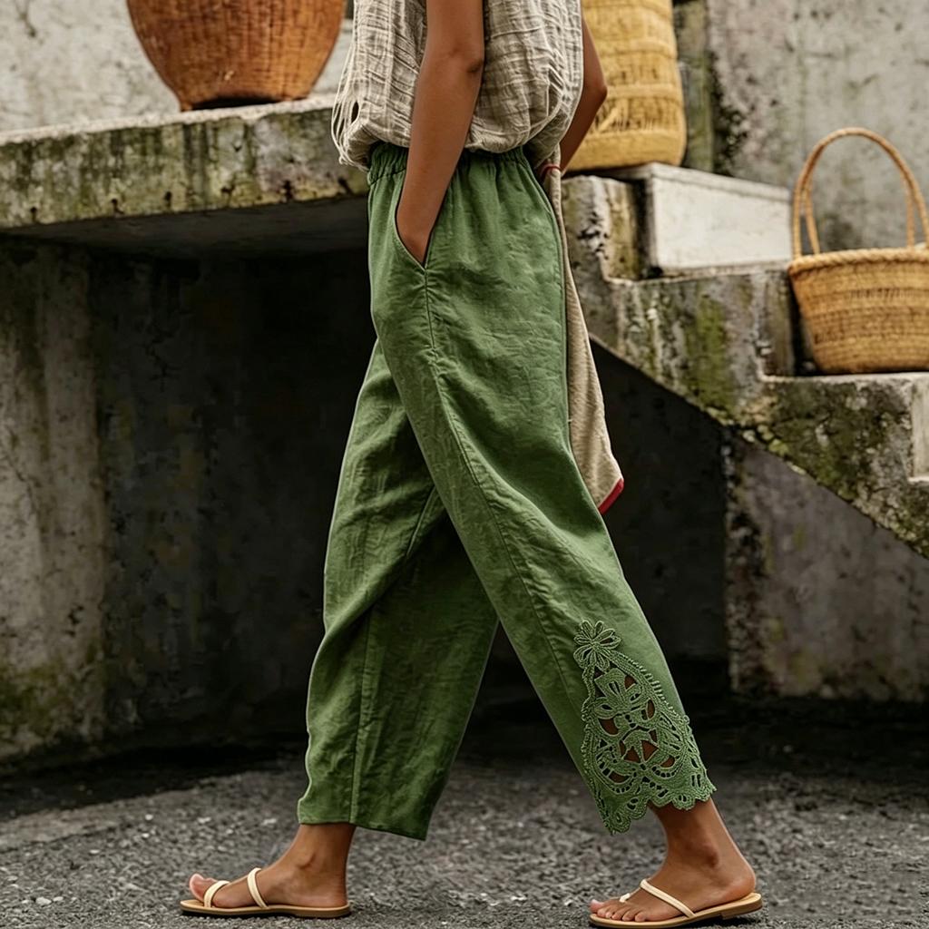 Women's Casual Straight Leg Pants with Elastic Waist and Lace Trim - Color Loose Fit