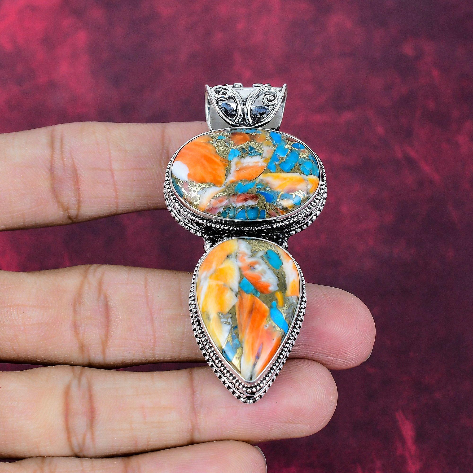 

Подвеска ручной работы с оранжевым колючим устричным камнем, подвеска из стерлингового серебра 925 пробы, для Дня благодарения 2.75 Inches