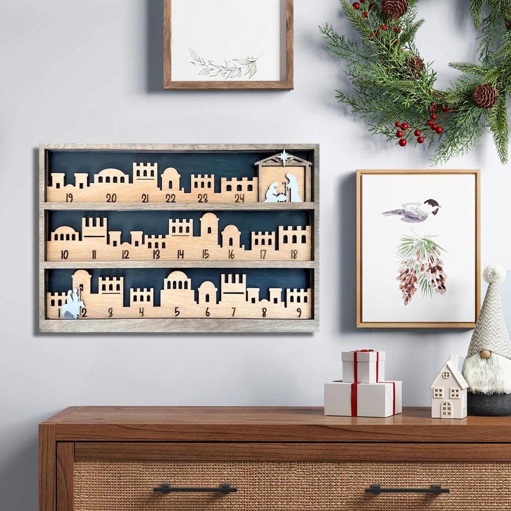 Nativity Scene Countdown Calendar 25 Days Wood Christmas Religious Table Decor Multi-Functional Religious Table Ornament Tray