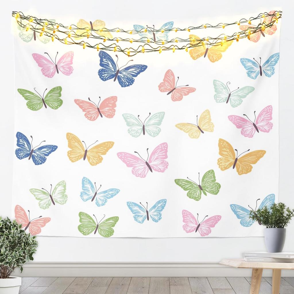 Rosa Schmetterling Wandteppich Garten Wandkunst Lila Blaue Schmetterlinge Druck Wandbehang Decke für Wohnzimmer Schlafzimmer Kawaii Rosa