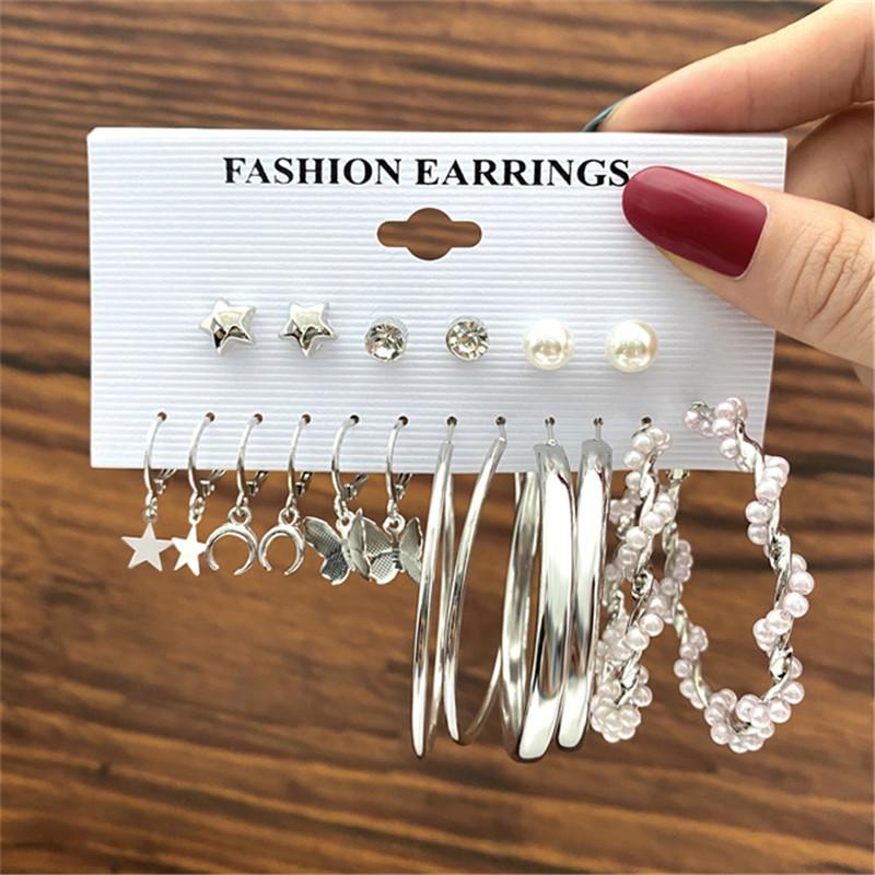 Silver Color Butterfly Earrings Set For Women Girls Vintage Pearl Circle Geometric Twist Hoop Earrings Trendy Jewelry Gifts