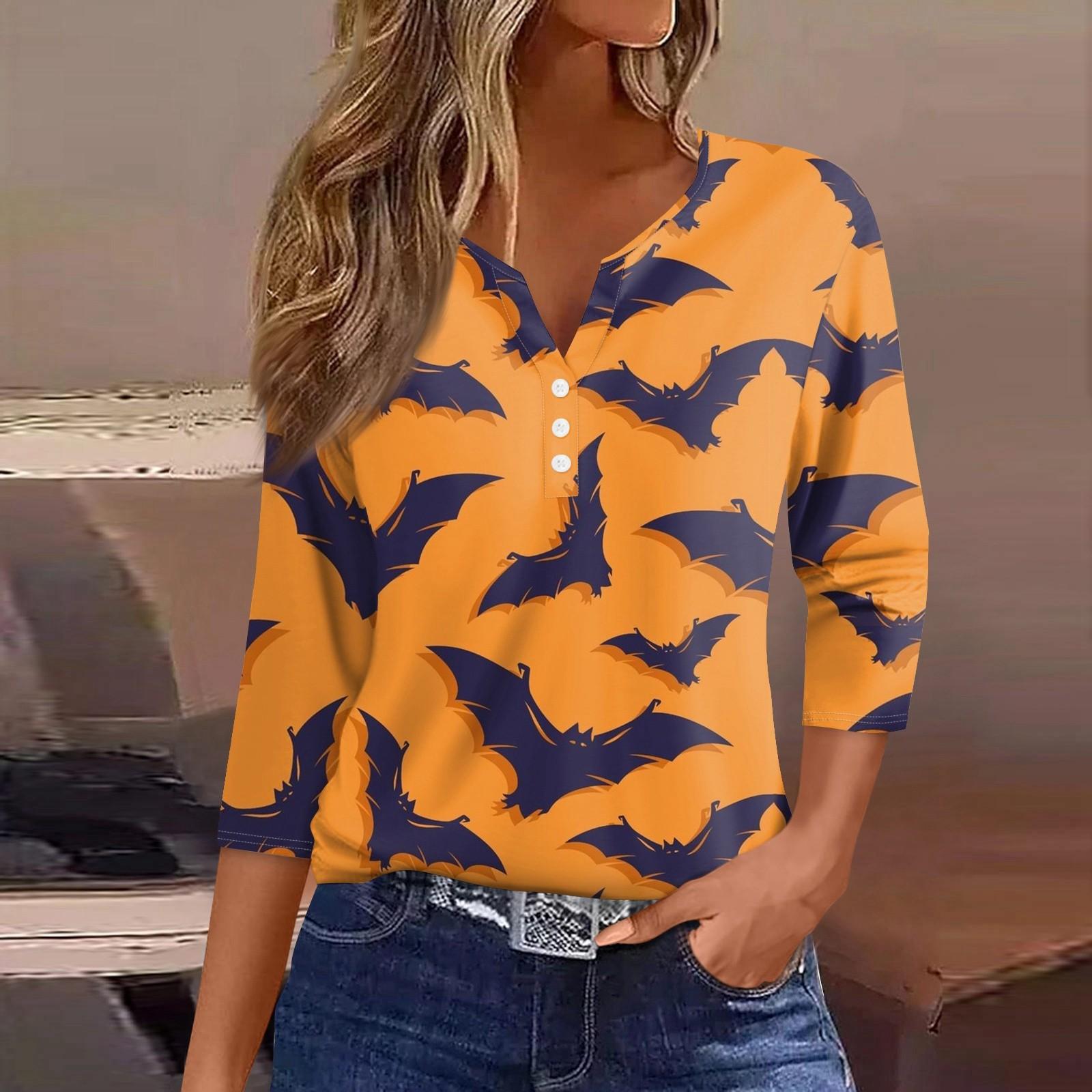 

Жен. Футболка Футболка Хэллоуин С принтом Пуговицы Рукав 3/4 Повседневные Выходные Мода Классический Классический V-образный вырез Обычный Топ XL шафрановый