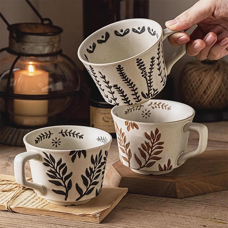 1PC Stoneware Mugs Vintage With Handles Office Coarse Pottery Cafe Plant Carving Nordic Ceramic Coffee Mug Fruit Tea Household