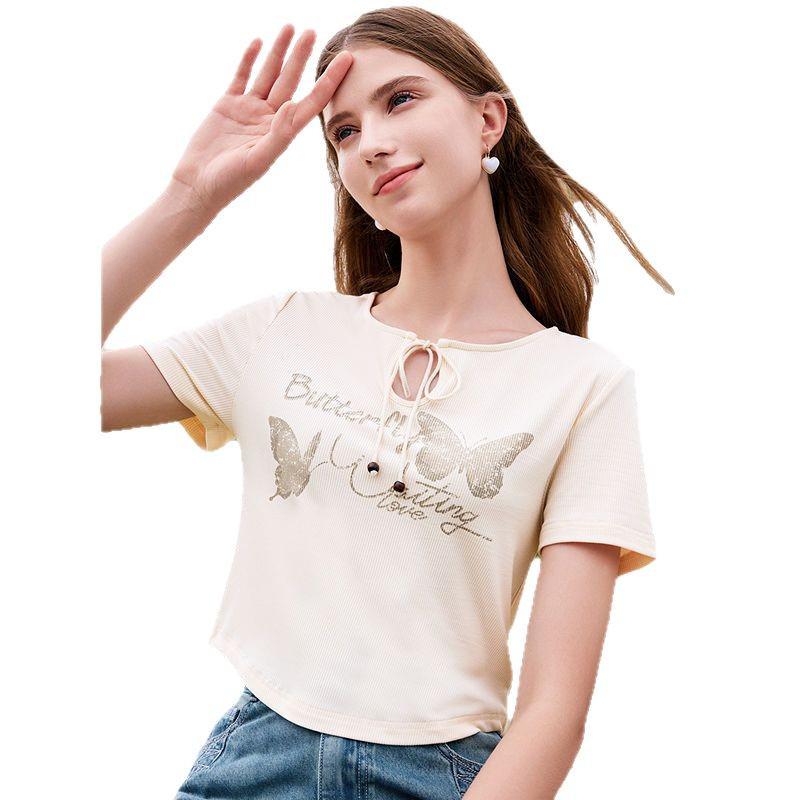 Women's Petite Chic Butterfly Print Round Neck Slim Fit Short Sleeve Summer 2025 Top