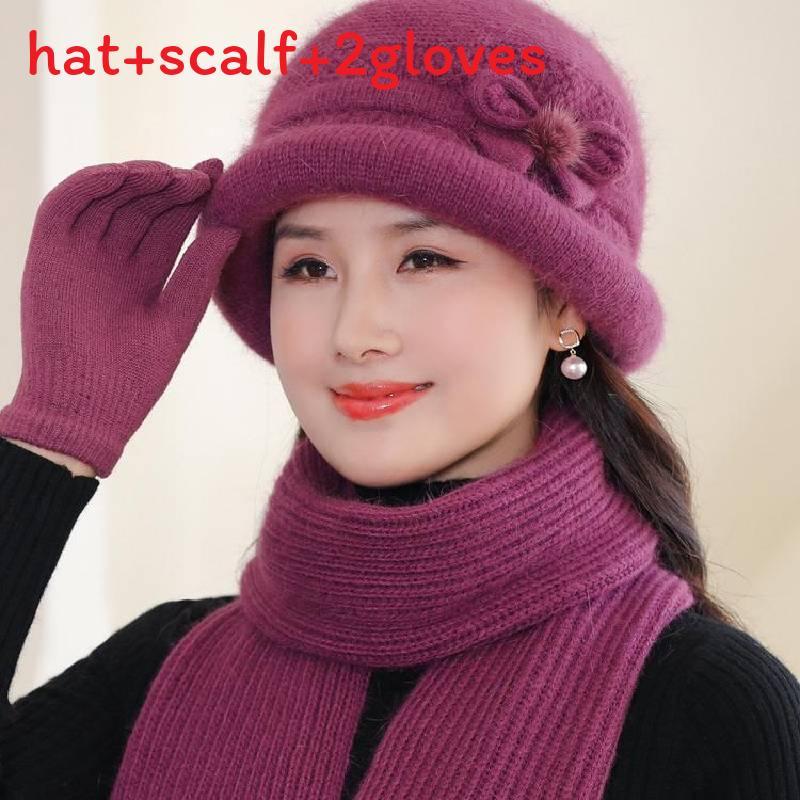 Plush Knitted Cap For Middleaged Women With Elegant Floral Pattern For Cold Seasons Deep Red