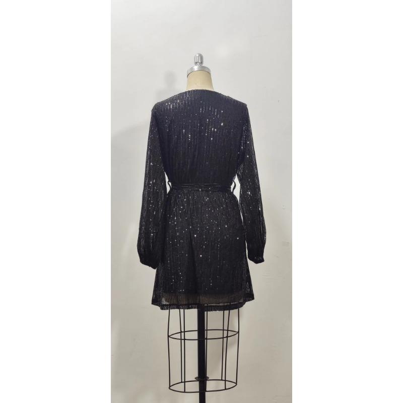 Women Sequins Round Neck Long Sleeve Casual Commute Bodycon Mini Dress