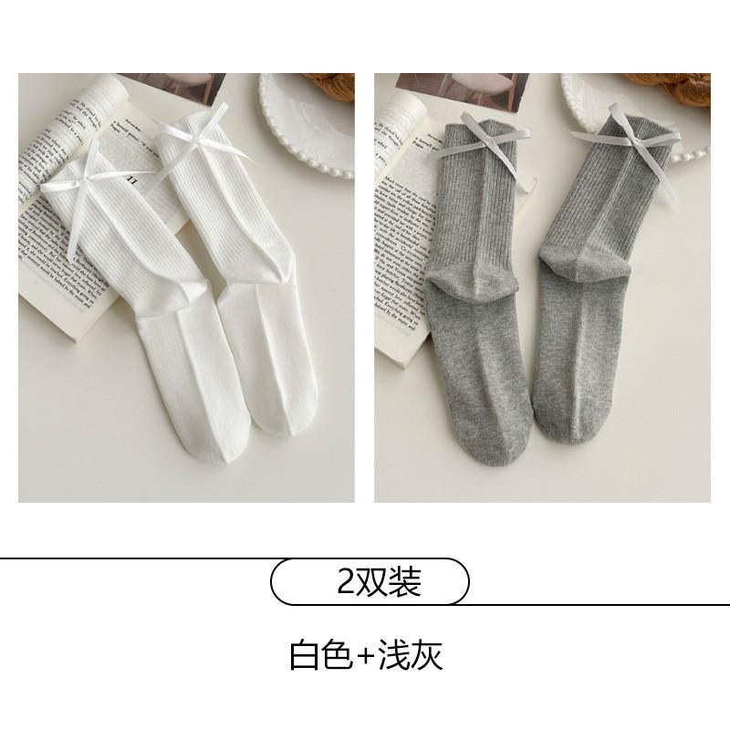 Womens Cotton Mid-Calf Socks With Bow Detail Japanese Style Ribbed Crew Soft Breathable Stackable Teens Young Adults