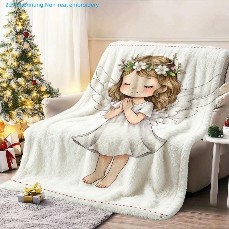 1pc Cute Cartoon Angel Print Blanket, Thanksgiving Theme, Multiple Sizes Available, Autumn Nap Blanket, Suitable for Living Room, Bedroom, Sofa, Bedsi