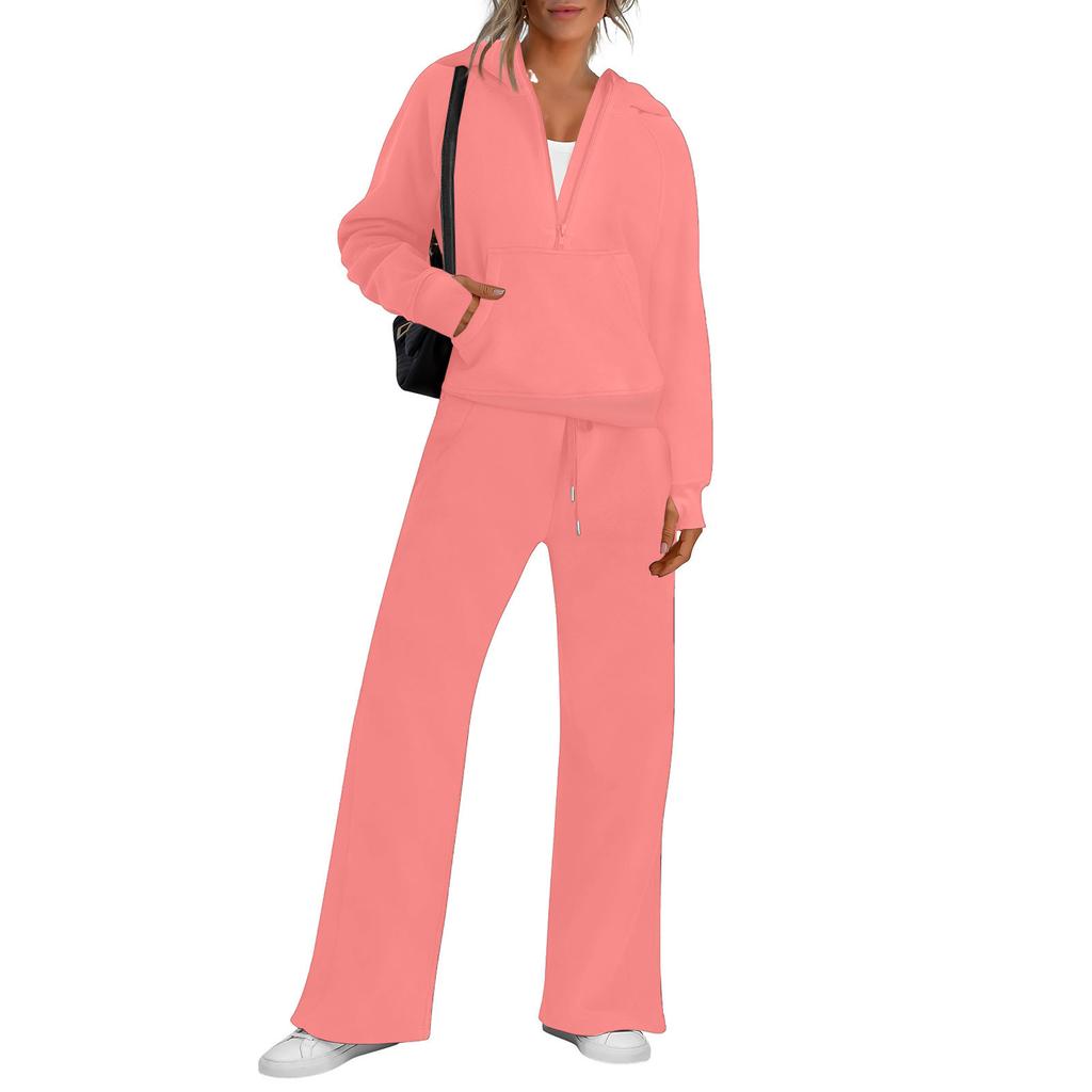 Women's Fashion Solid Color Long Sleeve Hooded Sweatshirt Top And Pants Casual Leisure Two Piece Set