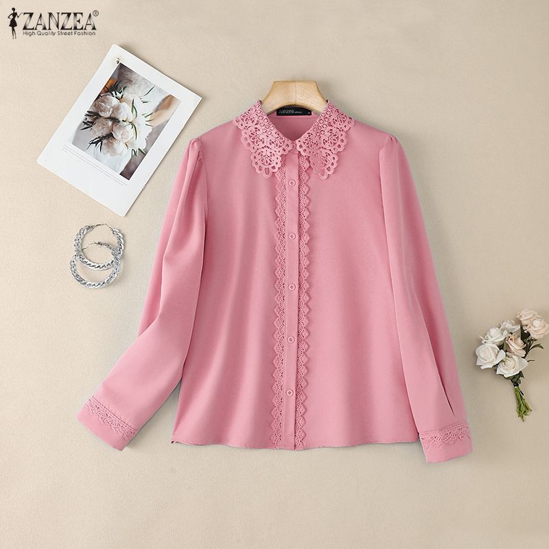ZANZEA Women Casual Lace Splice Collar Long Sleeve Blouse