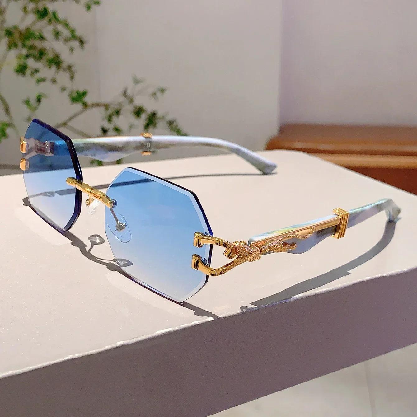 New Frameless Wood Grain Leopard Leg Sunglasses Retro Driving UV400 Protection High-end Feel