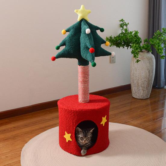 Yousheng Christmas Tree Cat Tower 2-in-1 Scratching Post Cozy Cave Bed Space-Saving Cat Furniture for Small
