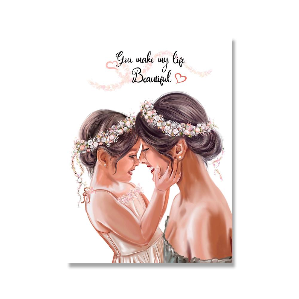 Mom Daughter Wall Art Canvas Painting Posters and Prints Fashion Love You Mother Days Gift Picture for Living Room Home Decor