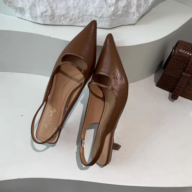 Mode SUOJIALUN Sommer Neu Damen Sandale Mode Spitz Zehenbereich Flach zum Hineinschlüpfen Damen Elegant Slingback Schuhe Dünner Mittlerer Absatz Kleid Pantoletten