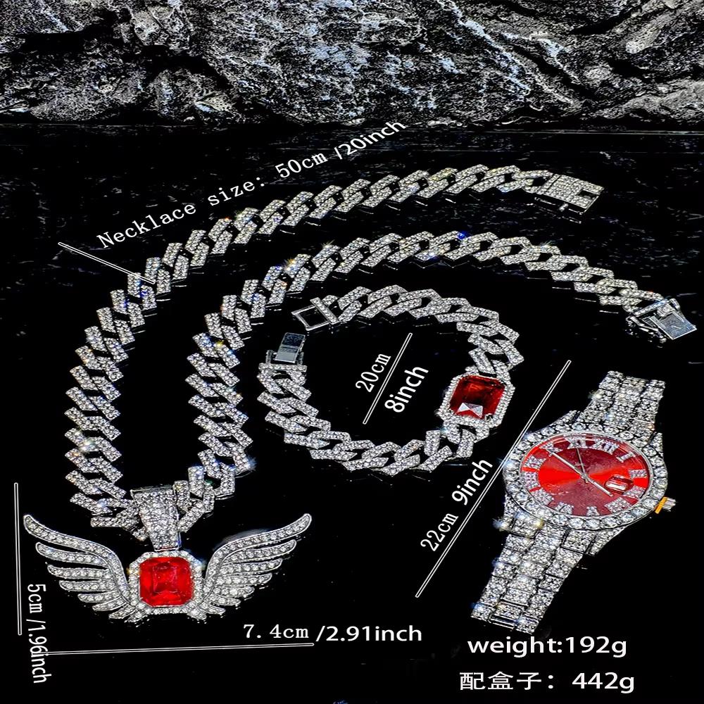 Stock Gold Men's Jewelry Set Alloy and Bling Rhinestone Iced Out Hip Hop Quartz Watch Bracelet Wing Pendant Necklace