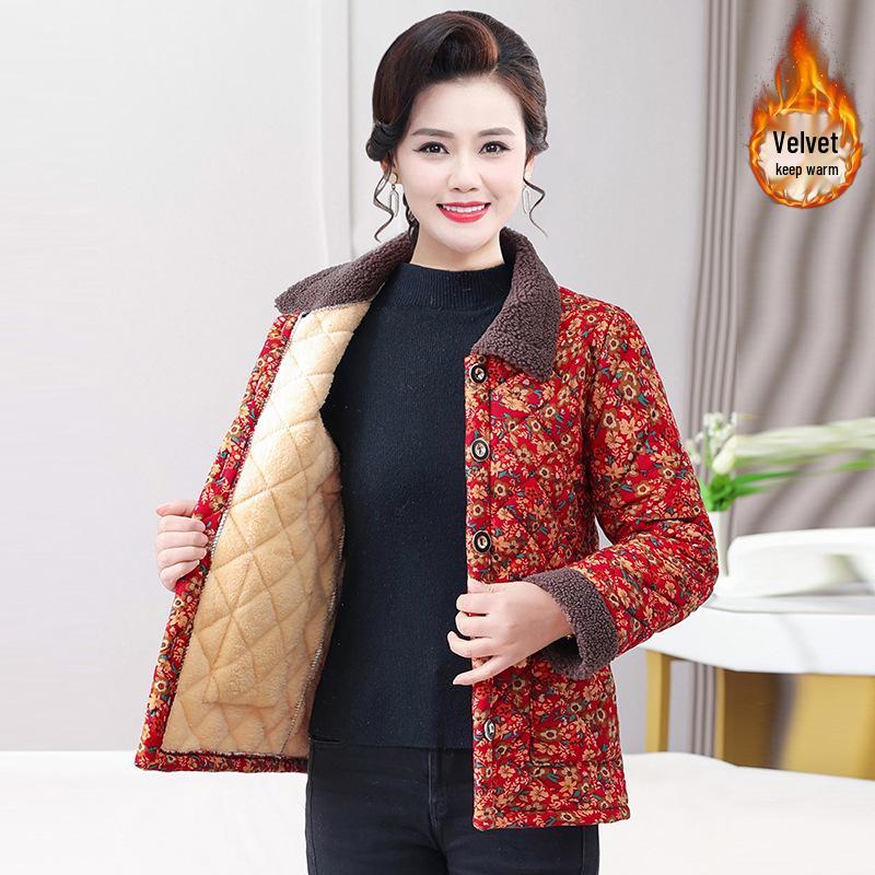 

Women s Floral Warm Cotton Jacket - Stylish Short Coat for Elderly, Autumn/Winter Plus Velvet, Thickened for Cold Protection 2XL (105-120 kg) червоний